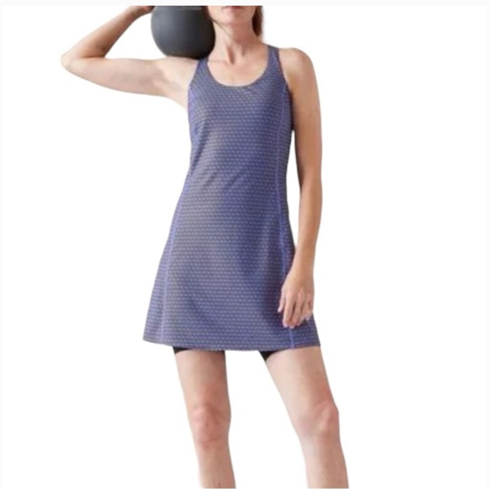 Athleta Ultimate Ease Fit And Flare Blue Purple Printed Dress‎